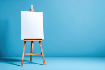An easel with a blank white canvas stands in a light blue studio