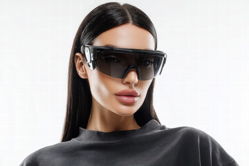 A fashion portrait of a female model wearing a black oversized t-shirt. The model has sleek, straight hair parted in the center
