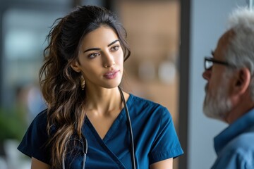 Engaging conversation between a young healthcare professional and a patient in a modern clinic setting