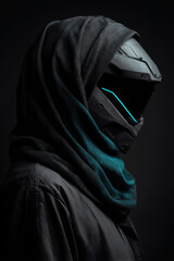 Cinematic side portrait of techwear helmet and scarf combo, sharp angles and deep shadows across face,