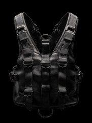 Floating chest rig alone in black void, straps symmetrical, buckles 