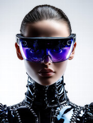 symmetrical portrait of a model woman wearing cyber VR. High fashion photography, 