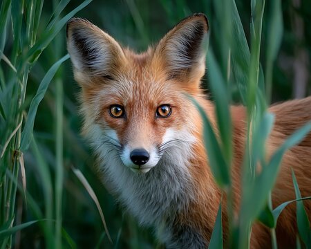 Close up portrait of a red fox peering through tall green grass in a natural setting