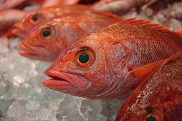 Fototapeta premium Group of red fish on ice closely packed scales and eyes detailed