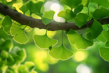Serene Perspective of a Thriving Ginkgo Tree, its Luminous Green Foliage Reaching Towards a Clear Summer Sky