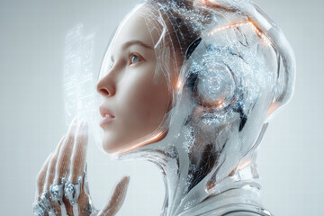 futuristic technology utopia, female interacting with holographic interface, clean white background, high-tech wearable devices,