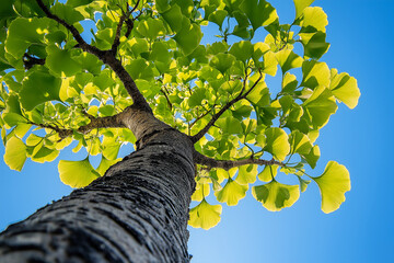 Abstract Perspective of a Ginkgo Tree Trunk and Bright Green Foliage, Capturing Nature's Beauty