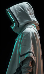 Side profile view of faceless model in modular white-gray techwear outfit, cape partially flowing,