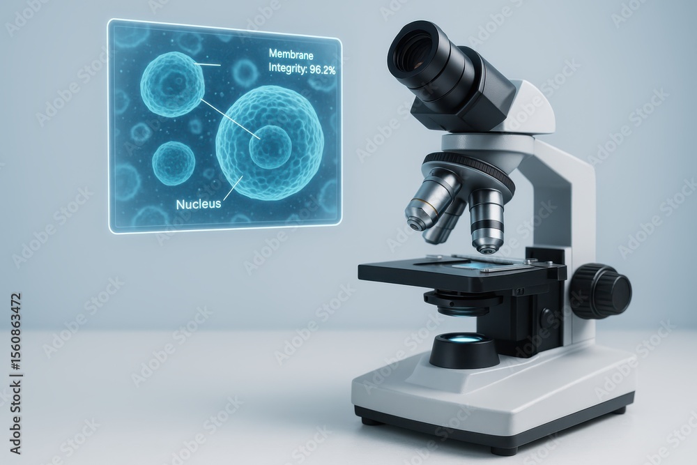Poster microscope displaying cell structure and membrane integrity for medical and science research, visual