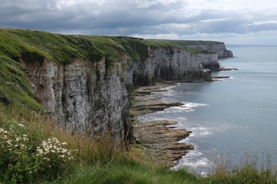 Rocky cliffs stretch along a coast under a cloudy sky with grass and plants on top and rocks at the base