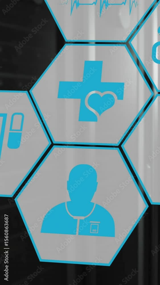 Poster animation of network of medical icons and data processing over computer servers