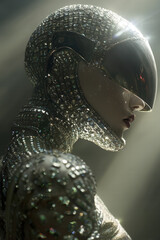 Dramatic profile portrait of mannequin with ventilated helmet and sculpted shoulder pads, 