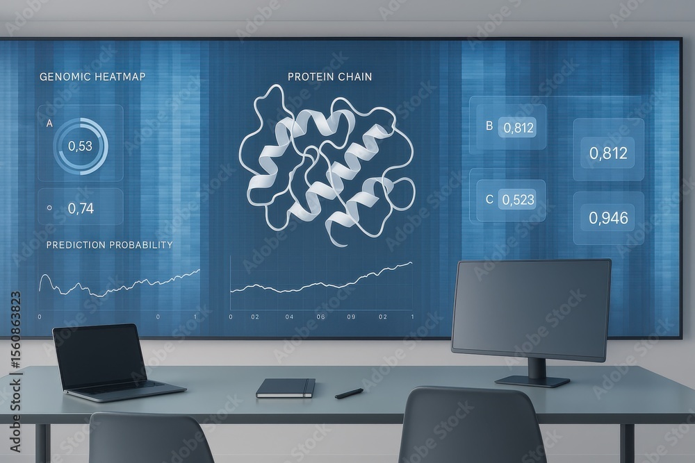 Poster protein chain data analysis is displayed on a monitor in a laboratory, with graphs and charts for bi