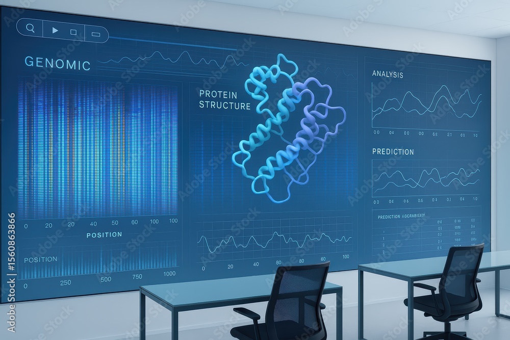 Poster futuristic laboratory showcasing protein structure and genomic analysis on a high tech interface, pr