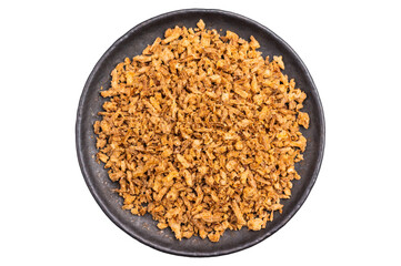 Crispy Fried dried Onion Bits isolated on white background. top view