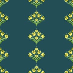 Seamless floral pattern with stylized yellow tulip-like flowers and green leaves on a teal blue background. Perfect for fabric prints, wrapping paper, wallpapers, digital use, and surface decoration