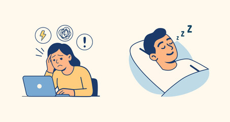 Flat illustration of burnout and relaxation with female stress and male rest, symbolizing emotional fatigue and healing for mental health awareness