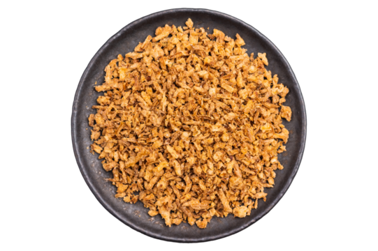 Crispy Fried dried Onion Bits isolated on white background. top view