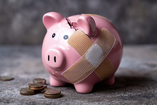 Piggy bank with band-aid: financial crisis and recovery