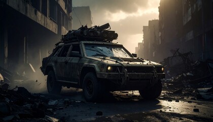 Post apocalyptic armored car with roof rack 