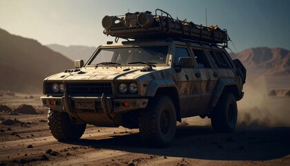 Post apocalyptic armored car with roof rack 