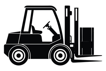 Black Silhouette Illustration of a Forklift Carrying a Box, Industrial Vehicle Image