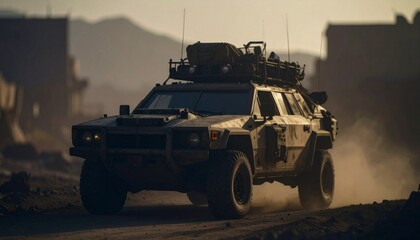 Post apocalyptic armored car with roof rack 