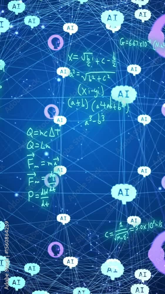 Poster animation of globe with networks of connections, scientific data processing and ai icons