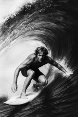 surfer on the beach black and white retro photography