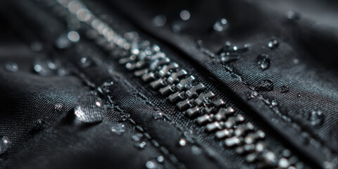 Extreme close-up of a reflective zipper on black techwear jacket, macro-level detail of texture