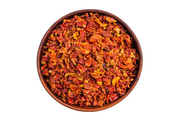 Dried Tomato Flakes, Indian and Arabic spices for cooking Isolated on White background. top view