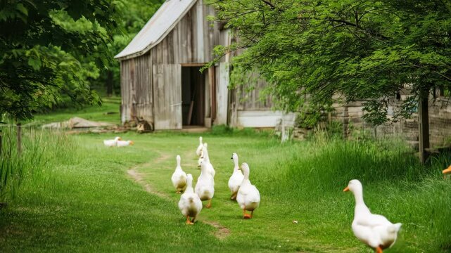 White ducks are waddling along a grassy path beside a rustic barn, surrounded by lush greenery and a peaceful rural atmosphere
