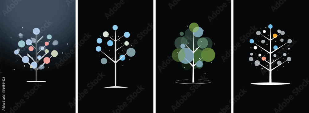 Poster set of four abstract trees in different styles on black background