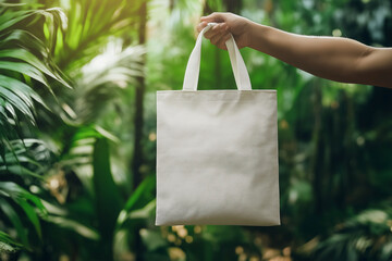 Eco-Conscious Design: Person Displaying a Clean White Shopper Bag in a Natural, Serene Green Environment
