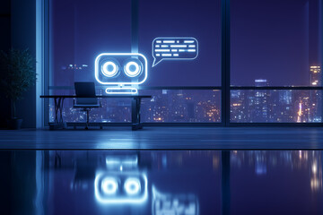 Obraz premium Ai Powered Office - A modern night office with a city view and AI