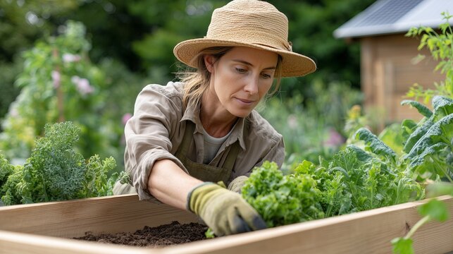 A woman harvesting fresh leafy greens in a raised garden bed near an off-grid home. Concept: self-sufficiency and mindful connection to land.
