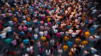 Obraz premium Vibrant highangle view of colorful crowd moving through urban space, conveys motion, diversity, and dynamic community atmosphere.