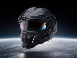 Floating matte-black tactical helmet with angular visor, chrome buckles, and embedded LED seams, 