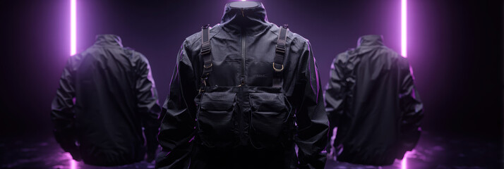 Black modular techwear jacket on a headless mannequin, wide shoulder cut, tactical chest pockets,