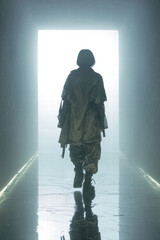 Back view of a faceless model walking into fog in techwear duster coat, wide tactical pants, combat boots top-down lighting, reflective wet floor, 