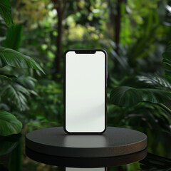 Immersive Digital Experience: Smartphone with Empty Screen Set Against a Vibrant Green Botanical Backdrop