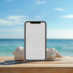 Front View of Smartphone with White Screen on Rustic Stand