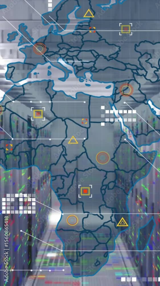 Poster animation of data processing and world map over computer servers