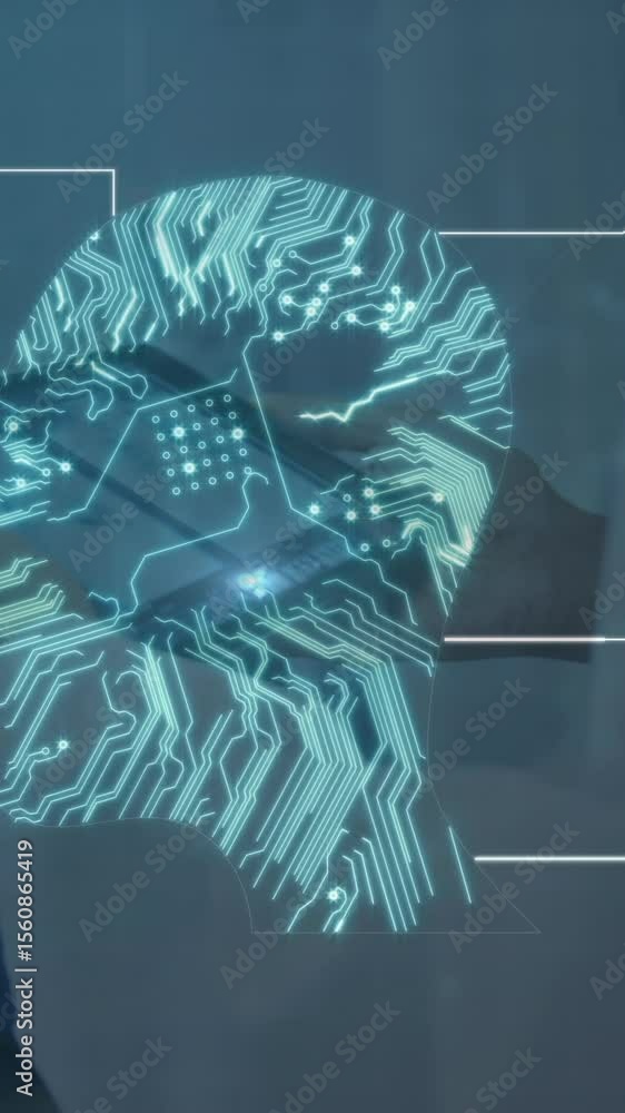 Poster animation of network of connections and computer circuit board over diverse doctors and patients
