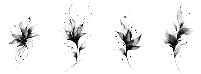 Set of four stylized floral elements with monochrome aesthetic