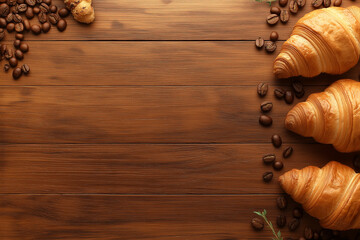 Cozy Morning Spread: Delicious Pastries and Premium Coffee Beans Artfully Arranged on a Rich Brown Wood Surface