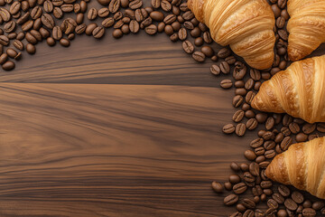 Rustic Coffee Table Aesthetic: Golden Croissants, Scattered Roasted Beans, and Natural Wood Texture for Bakery and Morning Themes