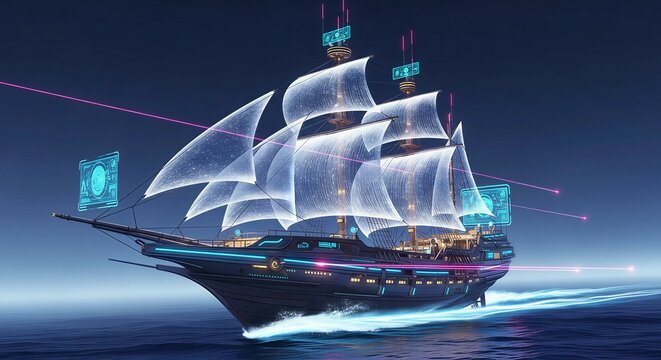 Futuristic sailing ship with glowing sails and digital interfaces navigating ocean. Sci-fi vessel with network data for cyber security.