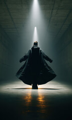 Back-facing model in elongated techwear cloak, arms slightly spread, cloak ends glowing spotlight cone focused on back of head, floor reflective, brutalist depth shadows 