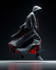 Dramatic fashion shot of a mannequin mid-turn in hooded techwear cloak, swirling motion, neon-accented lining revealed inside spotlight from top